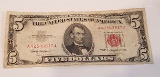 1963 Five Dollar Bill $5 Red Seal United States Rare Collectible