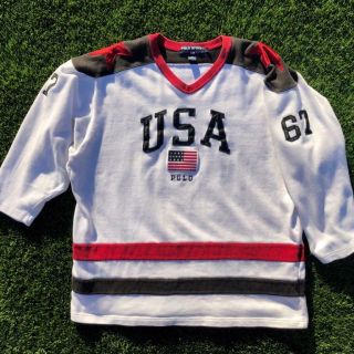 Vtg Rare 90s Polo Ralph Lauren Sport Stars Usa Flag Logo Hockey Jersey Shirt L