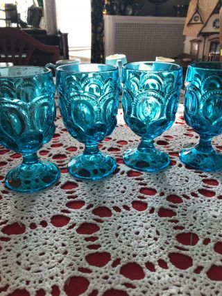 L.  E.  Smith Moon And Stars Blue Goblets Set Of 4 Rare
