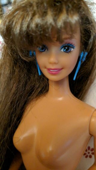 Rare Vintage 1976 Totally Hair Teresa Barbie Doll With Blue Retro Earrings.  Nude