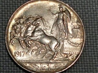 Italy Rare Silver 1917 1 Lira Vittorio Emanuele Iii Horses Roman Quadriga Wwi