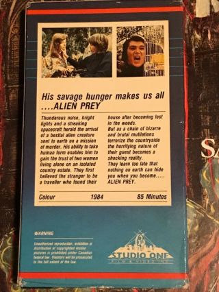 Alien Prey VHS Rare Horror Canadian Studio One VEC Release 2