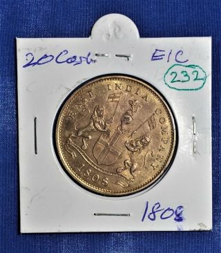 Extremely Rare 1808 British East India Company 20 Cash Copper Coin