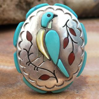 Rare Large Inlaid Zuni Blue Jay Sterling Silver Turquoise Mop Coral Jet Ring Sz8
