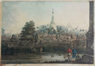 Dagon Pagoda Rangoon Myanmar Burma - Rare Aquatint Engraving C1825