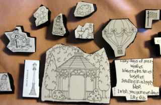 TOWN SCENE RARE SUMMERTIME STAMPIN UP RUBBER STAMPS GAZEBO PARK HOT AIR BALOON 2