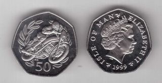 Isle Of Man - Rare 50 Pence Unc Coin 1999 Year Km 993 Motorcycle Tt Race