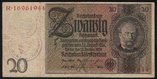 1944 Luxembourg 20 Reichsmark German Ww2 Occupation Rare Seal Kehlen Banknote Vf