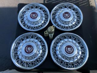 (4) 1986 - 92 Cadillac Fleetwood Brougham Wire Hub Caps Wheel Covers W/ Locks Rare