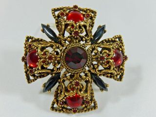Rare Signed Selro Selini Maltese Cross Gt Ruby Red Cabochon Brooch Pin Pendant