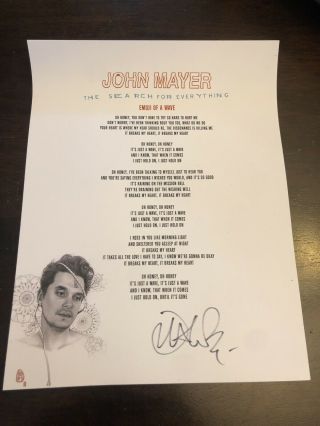 Rare John Mayer Hand Signed Lyrics Sheet From Tour Meet And Greet