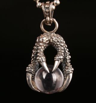 Rare Dragon Claw Crystal Ball Statue Solid Silver Hand Carving Necklace Pendant