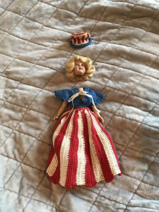 Rare Vintage Doll Sleepy Eyes Hard Plastic Patriotic Crochet Dress Hat Pants
