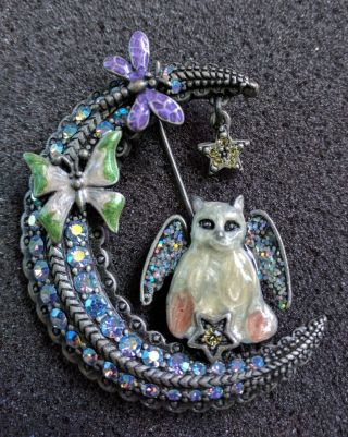 Rare Vintage Kirks Folly Cat Angel On Crescent Moon Brooch Pin Gorgeous