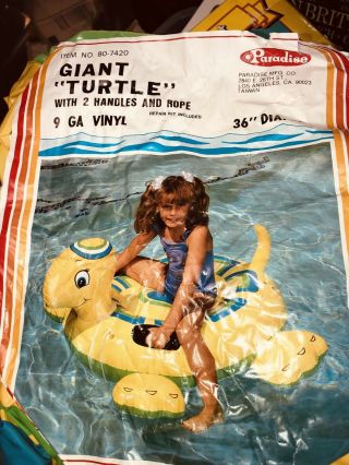 1988 Paradise Inflatable Giant Turtle 36” With Rope Pool Toy Rare