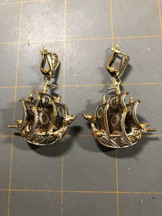 Rare Vintage Unsigned Spain Damascene Pirate Ship 1 3/4 Pierced Earrings
