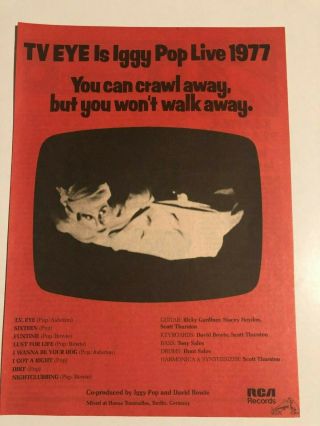 1978 Iggy Pop " Tv Eye " Promo Print Ad David Bowie 8 " X 11 " Rare
