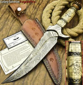 Rare Art Custom Handmade Damascus Steel Hunting Knife | Scrimshaw Work