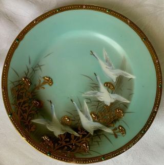 Rare Nippon Flying Geese Dessert Plate,  Hand Painted,  Jewelled,  Beaded,  Moriage