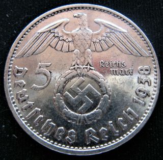 X - Rare 1938d Big 5 Mark 90 Silver Bullion German Swastika Nazi Germany Ww2 Coin