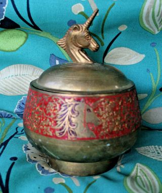 Very Rare Vintage Brass Unicorn Bowl With Lid Solid Brass