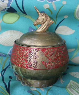 VERY RARE VINTAGE BRASS UNICORN BOWL WITH LID SOLID BRASS 5
