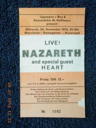 Heart Nazareth Rare 1976 Concert Ticket Mannheim Germany