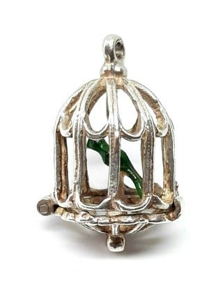 Rare Vintage Sterling Silver Opening Green Enameled Parrot Bird In Cage Charm
