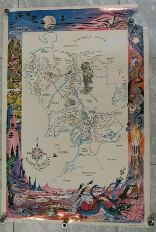 Rare Vtg Tolkien 1960s Hobbit Lord Of The Rings Map Middle Earth Poster