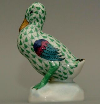 Rare Herend Handpainted Porcelain Green,  Gold Fishnet Peking Duck Figurine Nr