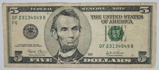 Usa Five Dollars $5 Bill Banknote Series 2003 Lincoln Rare Collectible