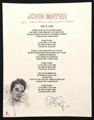 John Mayer Signed Emoji Of Wave Lyric Sheet Search For Tour 2017 Autograph Rare