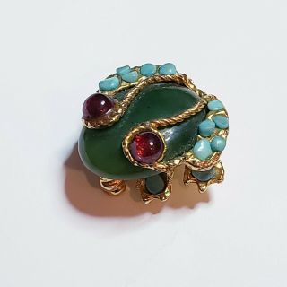 Ultra Rare Vintage Signed Swoboda Jade,  Turquoise & Garnet Frog Brooch Pin