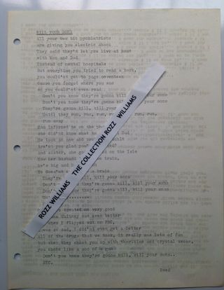 Rozz Williams Owned - Christian Death P.  E Rare Rozz Typed Lou Reed Lyrics