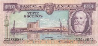 20 Escudos Very Fine Banknote From Portuguese Angola 1956 Pick - 87 Rare