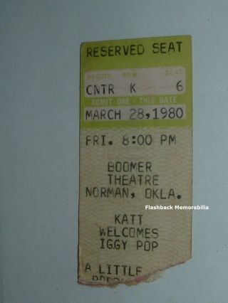 Iggy Pop 1980 Concert Ticket Stub Norman Ok Boomer Theatre Very Rare Stooges