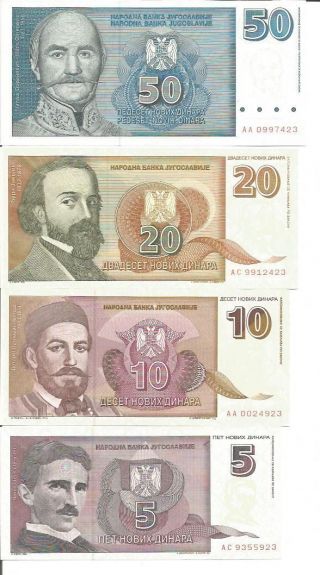Yugoslavia Set 4 Notes Unc.  P148 - 149 - 150 - 151.  5 - 10 - 20 - 50 Dinara.  Rare.  4rw 09mar