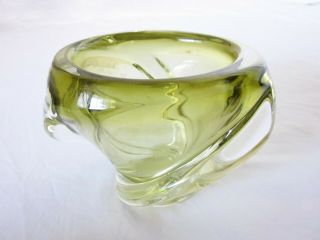 Rare Vintage 1940s - 50s Signed Chalet Olive Green & Clear Art Glass Bowl Vase