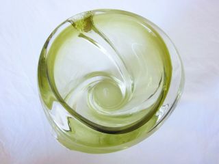 Rare Vintage 1940s - 50s Signed Chalet Olive Green & Clear Art Glass Bowl Vase 2