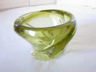 Rare Vintage 1940s - 50s Signed Chalet Olive Green & Clear Art Glass Bowl Vase 3
