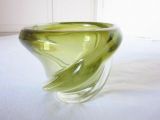 Rare Vintage 1940s - 50s Signed Chalet Olive Green & Clear Art Glass Bowl Vase 4