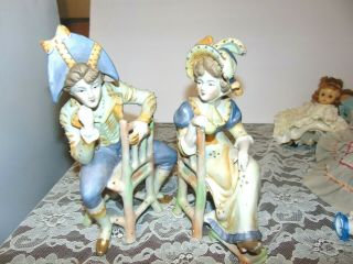 Rare Large Occupied Japan Bisque Victorian Couple In Chair Figurines