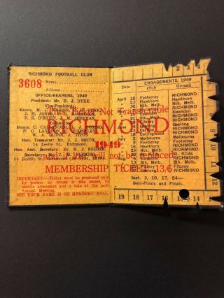 Rare 1949 VFL Richmond Tigers Membership Book Ticket 2