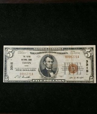 Rare 1929 $5 Dollar Bill The Tiffin National Bank Of - Ohio Ch 3315