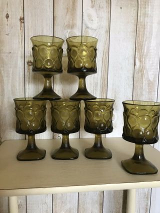 Set Of 6 Rare Vintage Heavy Pressed Green Glass Retro Goblets