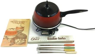 Oster Electric Fondue Set 4 Forks Rare Model 681 Red Cookbook Box Vintage 1974