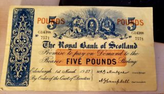 The Royal Bank Of Scotland 5 Pounds 1957 Rare G14388/7571