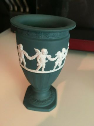 Wedgwood Jasper Ware Spruce Or Teal 5 " Rare Cupid Sprig Column Vase
