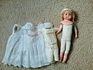 Rare Antique Paper Mache Doll - Straw Stuffed Body - Brown Blown Glass Eyes Vgc