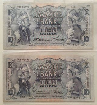 Rare Pair Banknote Netherlands Indies,  Javasche Bank 1938 (p - 79) 10 Gulden